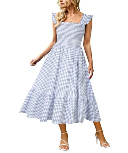 RITERA Plus Size Summer Dresses Women 2X Gingham Sleeveless Maxi Dress Blue Plaid Square Neck Smocked Ruffle Strap Sundress Boho Tiered Vacation Beach Cute Tank Dresses with Pockets 2XL 18W 20W | Amazon (US)
