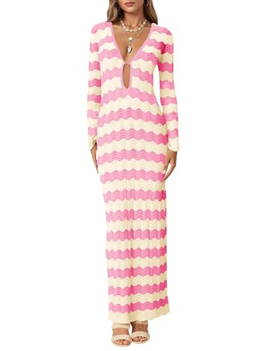 Saodimallsu Womens Crochet Summer Maxi Dress Striped Sexy Cut Out V Neck Long Sleeve Knit Cover U... | Amazon (US)