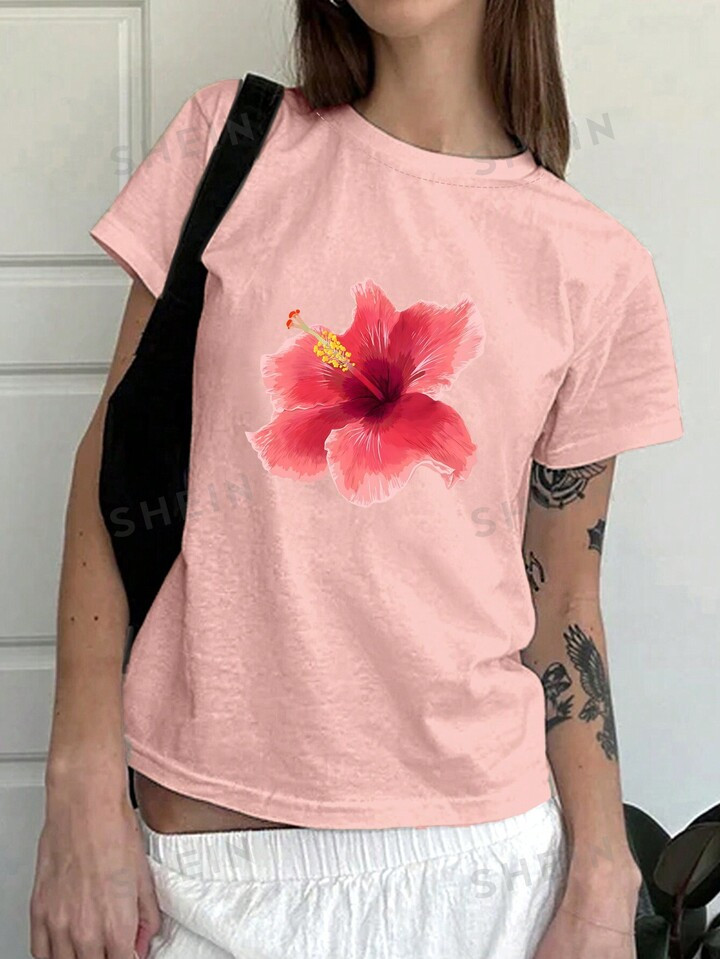SHEIN EZwear Y2K Flower Print Women Summer Casual Short Sleeve T-Shirt With Round Neck | SHEIN US... | SHEIN