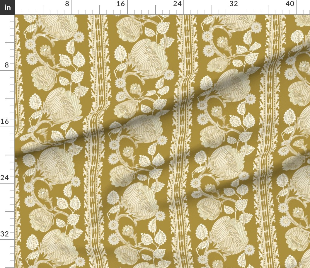 LG Grandmillennial trailing floral & leaves stripe in Golden mustard Yellow Fabric | Spoonflower | Spoonflower