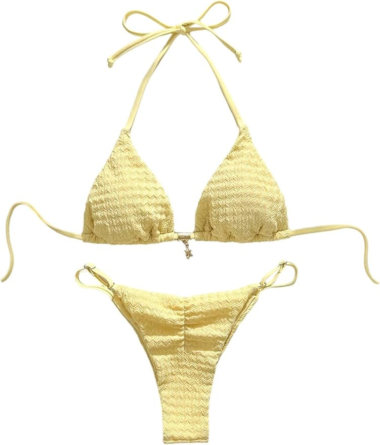 Women's Two Piece Swimsuit Textured String Ruffle Halter Bikini Sets Bathing Suits | Amazon (US)