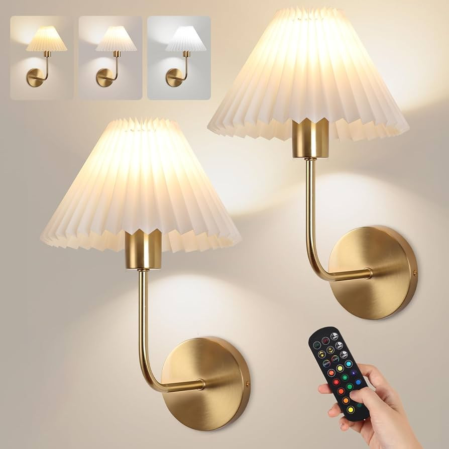 Wireless Wall Sconce Sets of 2, Pleated Shades Rechargeable Battery Operated Wall Sconce, Retro I... | Amazon (US)