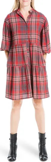 MAX STUDIO Plaid Puff Sleeve Ruffle Hem Shirt Dress | Nordstrom Rack