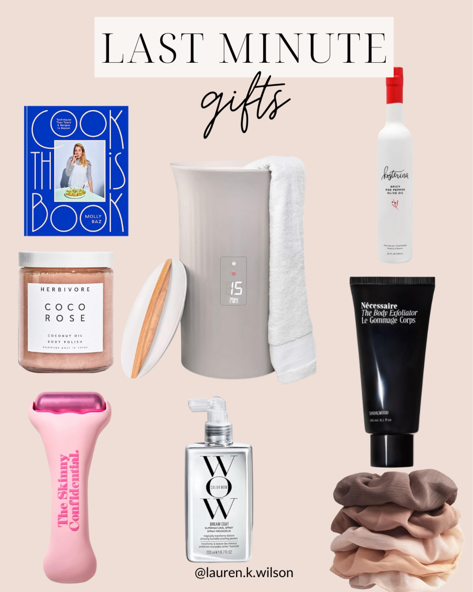 Last minute gifts, towel warmer, lotion, olive oil, scrunchies, body scrub, ice roller, cookbook 

#LTKSeasonal #LTKHoliday #LTKGiftGuide