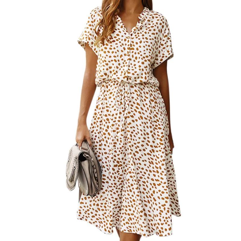 Polka Dot Women Dress Ruffled Short Sleeve V Neck Long Boho Dress Summer Puff Sleeve Button Bow H... | Walmart (US)