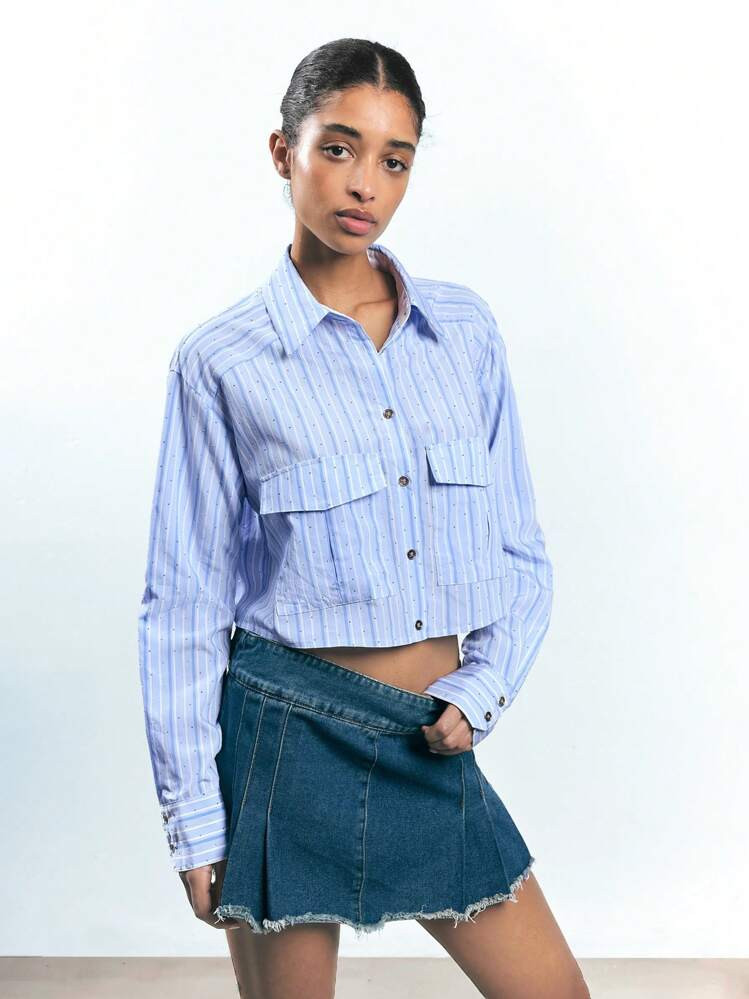 Maija Women's Light Blue & White Stripe Utility Pocket Rhinestone Casual Shirt, Versatile Summer , Chic Urban Casual Business Design Loose Short Light Blue Stripe Drop Shoulder Shirt Collar Short Sleeve Top Old Money | SHEIN