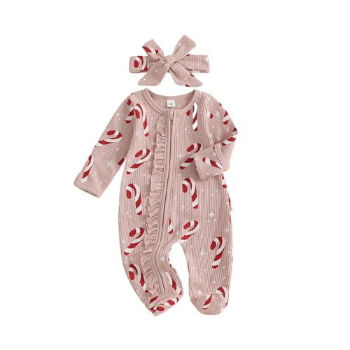 Twopumpkin My First Christmas Baby Girl Boy Outfit Newborn Christmas Waffle Knit Ruffle Footie Romper Jumpsuit Xmas Clothes (Pink bow cane,6-12 Months) | Amazon (US)