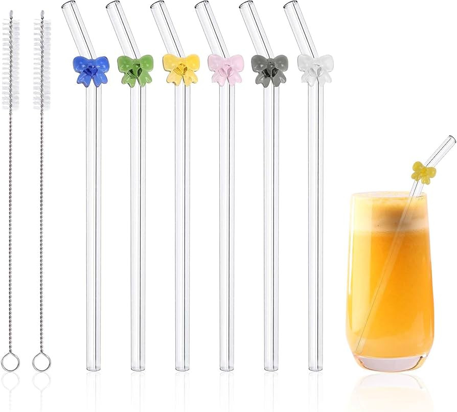 6 Pcs Reusable Glass Straws with 2 Cleaning Brushes, Cute Colorful Bow Glass Straws Shatter Resis... | Amazon (US)