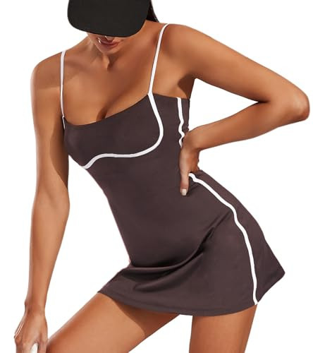 Move With You Womens Workout Tennis Dress with Built-in Bra & Shorts Pockets Sleeveless Exercise Golf Dresses(Brown,L) | Amazon (US)