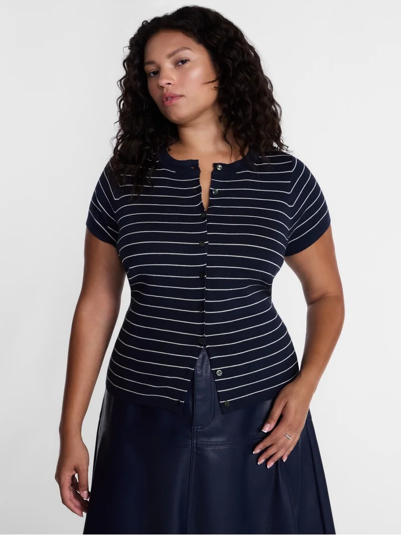 Terra & Sky Women's Plus Button Front Sweater Top with Short Sleeves, Lightweight, Sizes 0X-5X | Walmart (US)