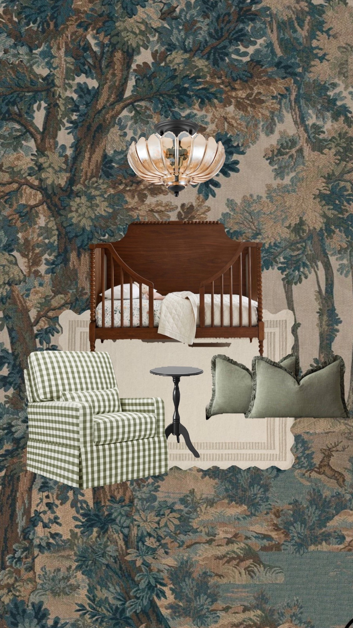 Vintage tapestry baby nursery decor, CLJxPotteryBarn, turned leg crib, wood crib, gingham glider, namesake

#LTKStyleTip #LTKHome #LTKBaby