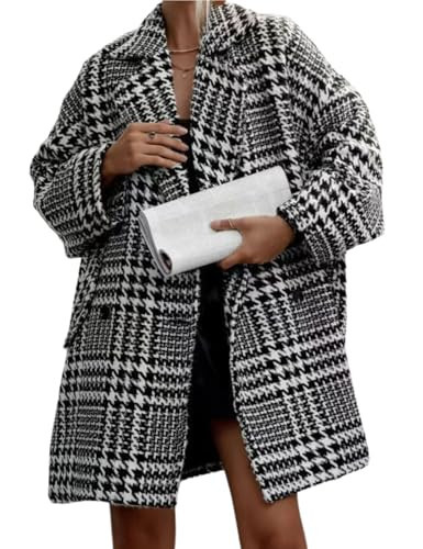 chouyatou Women Winter Houndstooth Wool Blend Coat Notch Lapel Loose Warm Mid Long Double Breasted Peacoat (X-Small,Black) | Amazon (US)