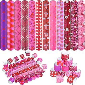 URATOT 60 Pieces 12 Style Valentine's Day Slap Bracelets Snap Bracelets with Valentine Romantic P... | Amazon (US)