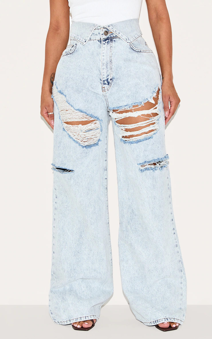 Shape Light Blue Acid Wash Denim Foldover Waist Ripped Wide Leg Jeans | PrettyLittleThing US