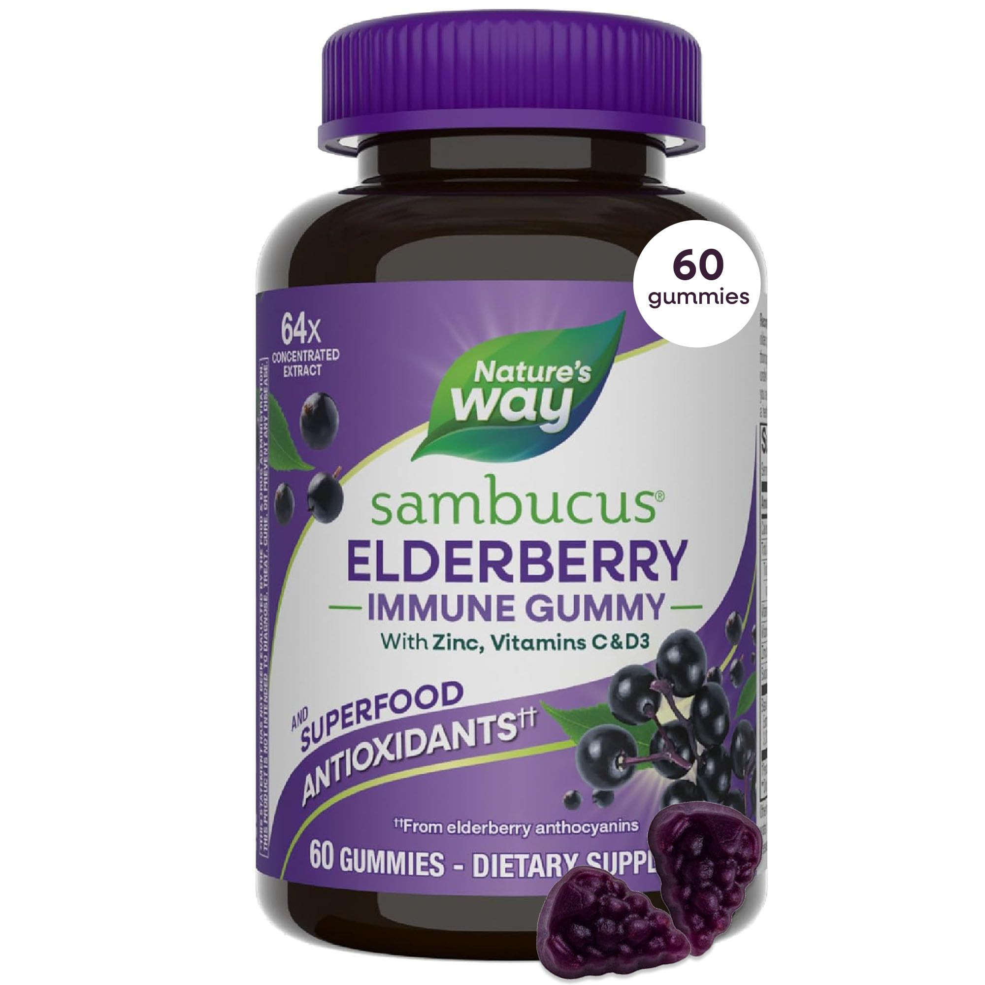 Nature’s Way Sambucus Elderberry Immune Gummies, Daily Immune Support for Kids and Adults*, wit... | Amazon (US)