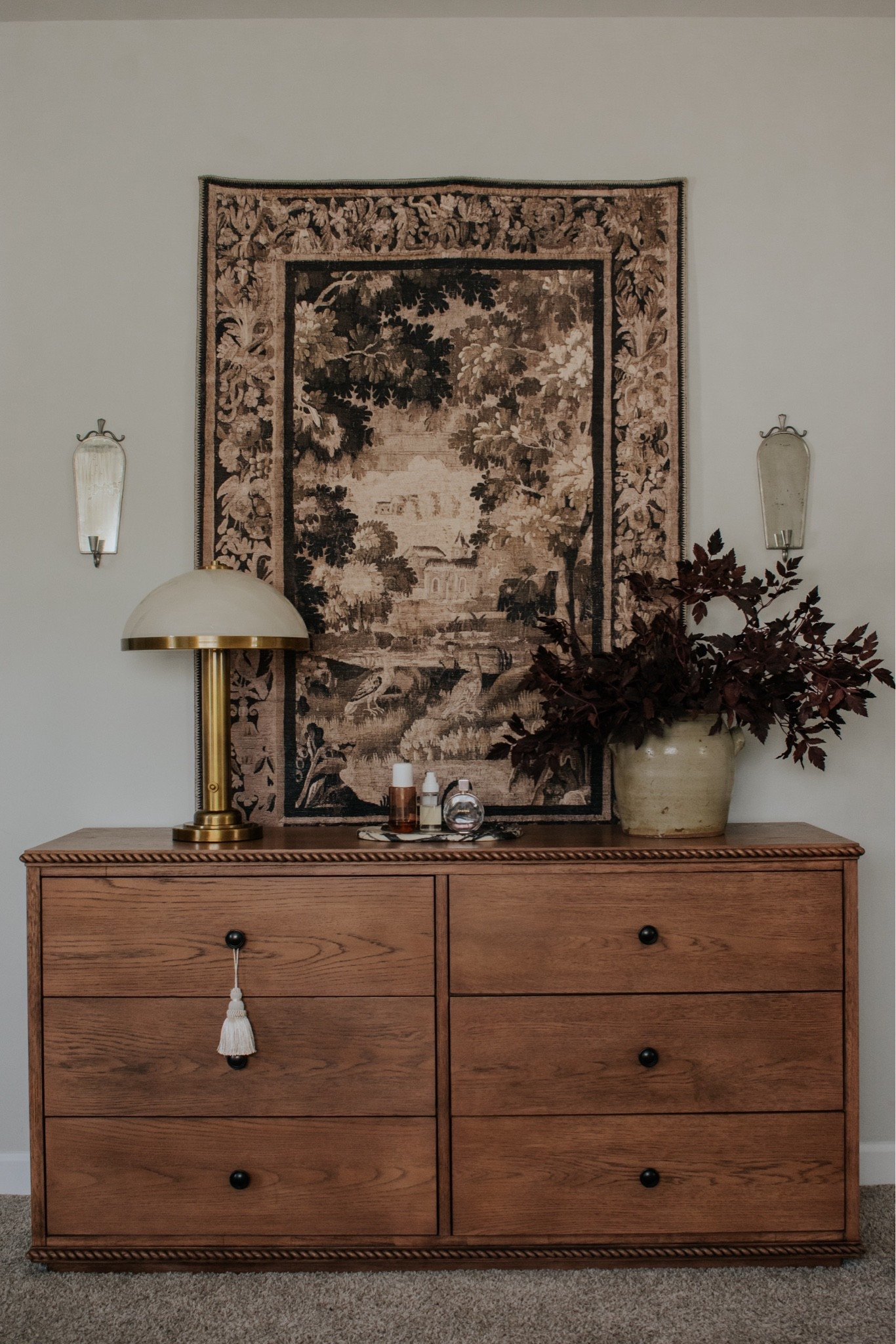 Primary bedroom styling 🤎 tapestry, brass lamp, Williams Sonoma; fall styling; dresser styling

#LTKHome #LTKSeasonal