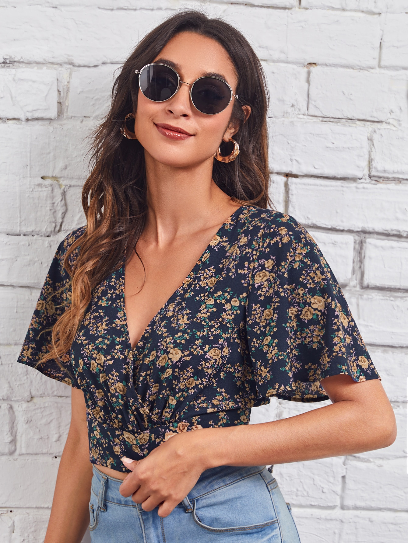 SHEIN Ditsy Floral Crop Wrap Top | SHEIN
