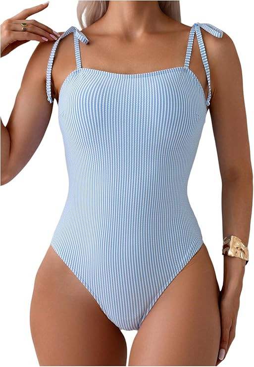 Verdusa Women's Striped One Piece Swimsuit Bow Tie Shoulder Summer Bathing Suit | Amazon (US)