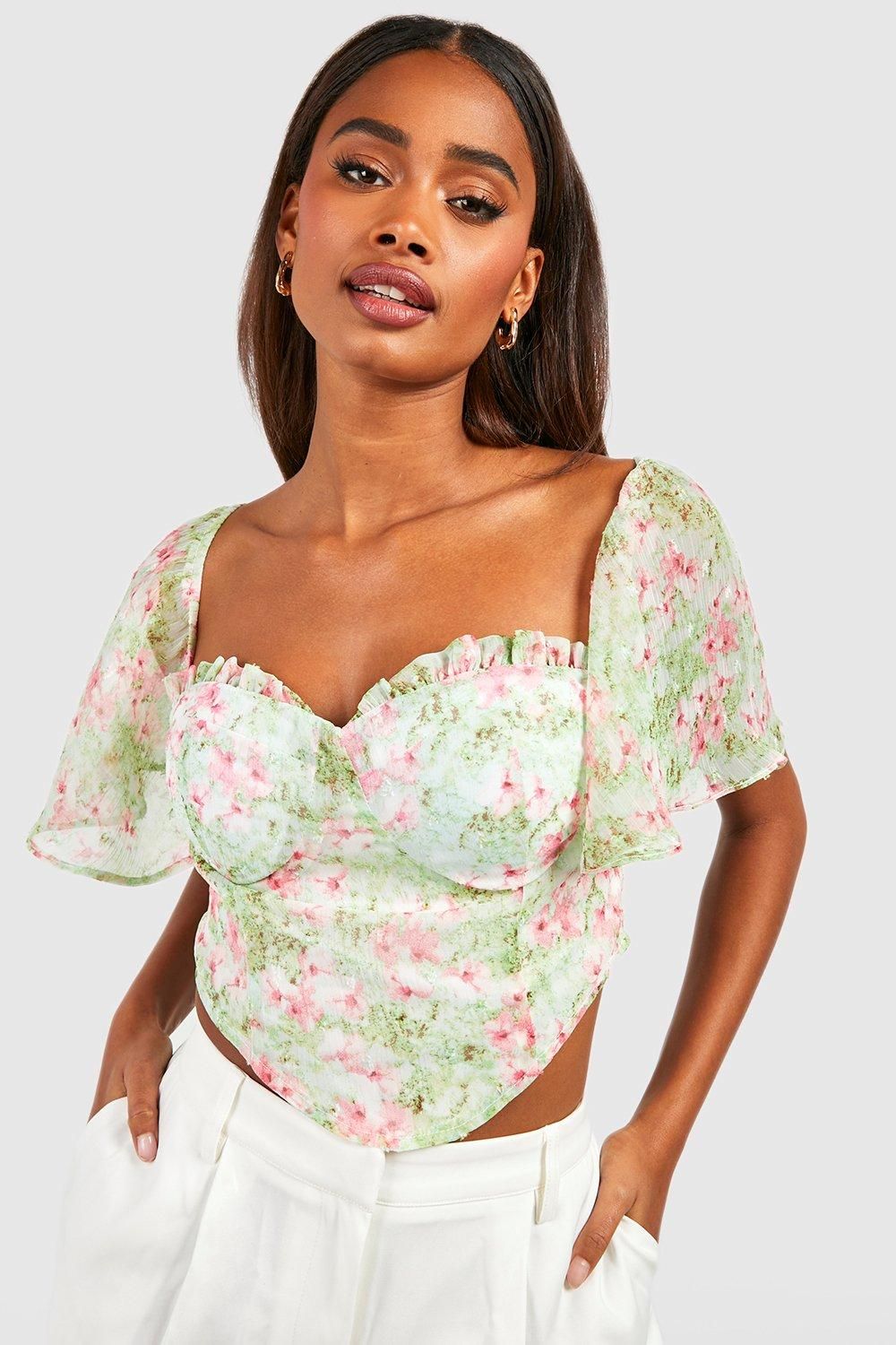 Green Angel Sleeve Floral Corset Top | Boohoo.com (UK & IE)