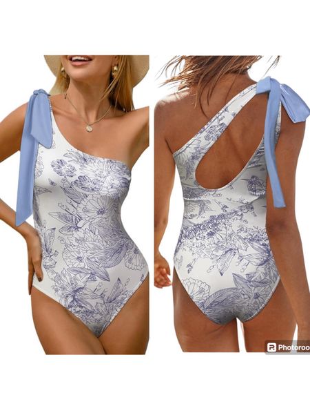 Blue & white floral one piece swimsuit, grandmillennial swim, bow shoulder swimsuit, one shoulder bathing suit 

#LTKSwim #LTKFindsUnder100 #LTKFindsUnder50