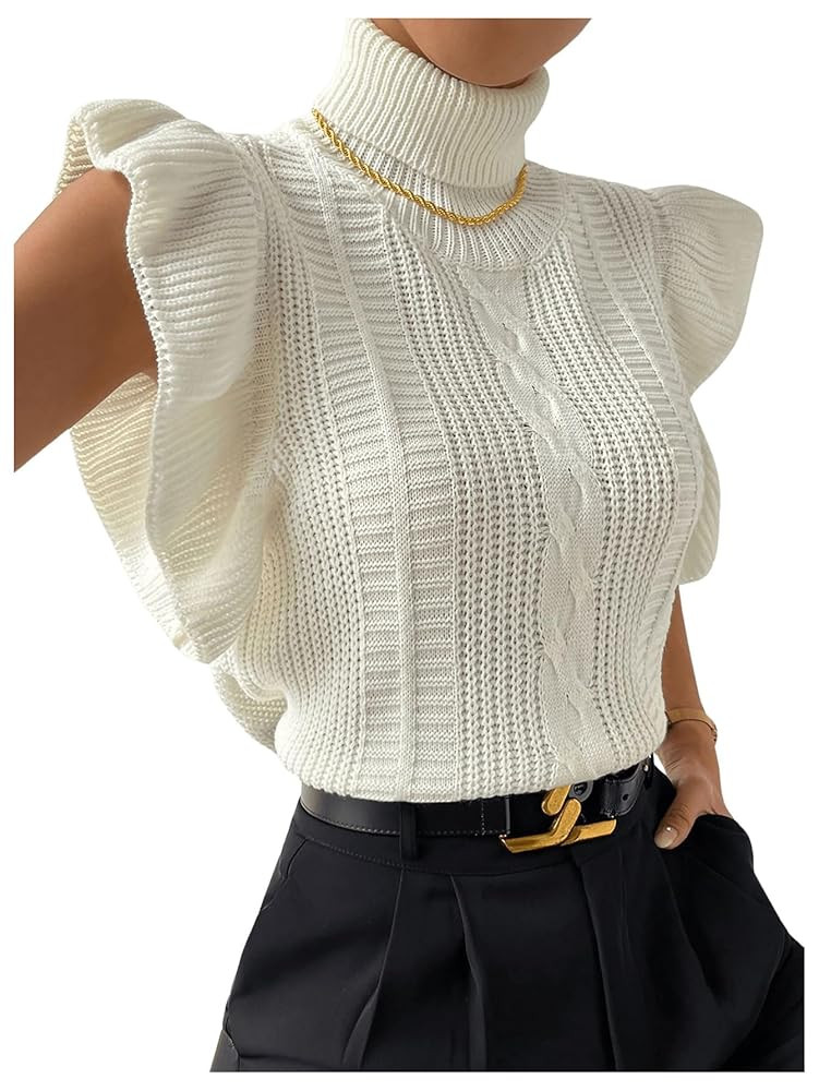 Floerns Women's Ruffle Trim Cable Knit Sweater Vest Turtleneck Sleeveless Tank Tops | Amazon (US)