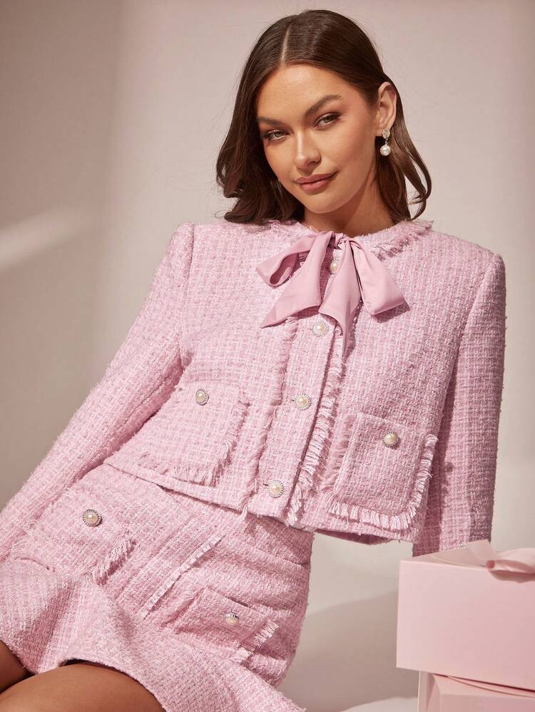Enchnt Fall/Winter Romantic Women's Pink Pink Fancy Yarn Fringed Tweed Exquisite Pearl Buttons Decor Bowknot Tie Long Sleeves Princess Jacket,Chic&Elegant&Fashionable For Party&Date&Holiday&Graduation&Going Out&Halloween&Christmas,Autumn Clothes,New Years Women Outfit | SHEIN