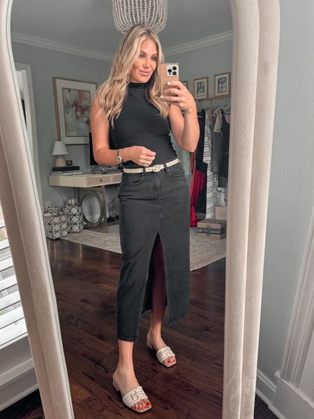 Work outfit 🤍 can't go wrong with a black denim skirt. Then pair it with a high neck tank for summer! Dress up or down with sandals & sneakers  

#LTKFindsUnder100 #LTKStyleTip #LTKSeasonal