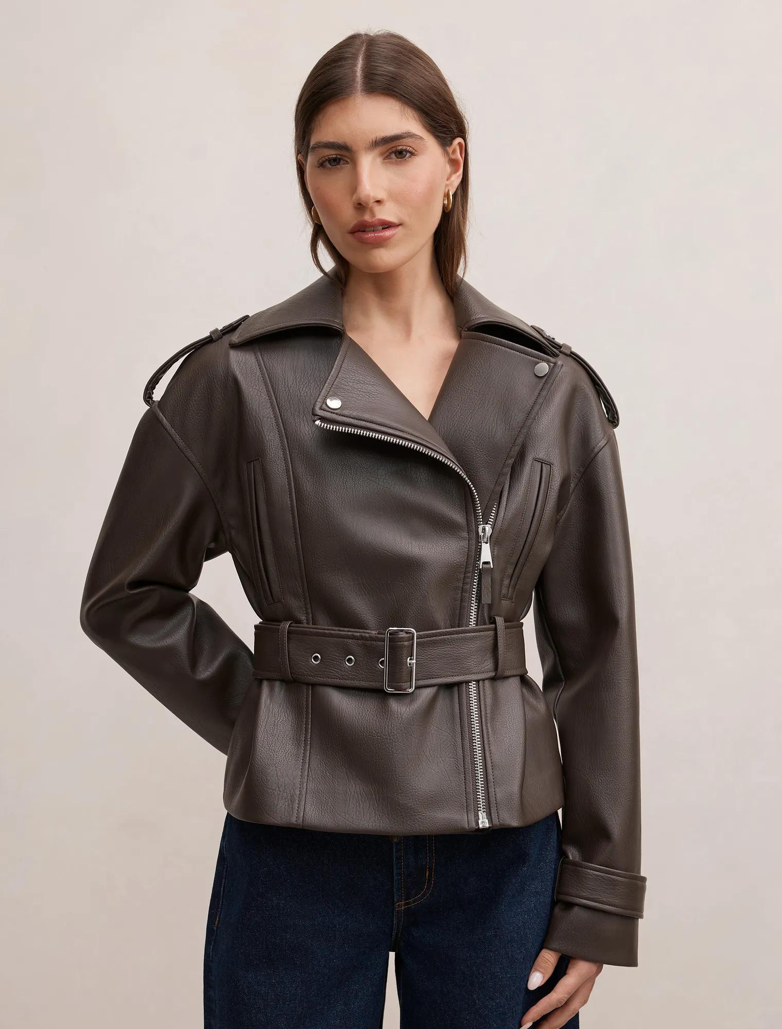 Forever New Women's Brooklyn Belted Biker Jacket in Chocolate | Forever New (AU)