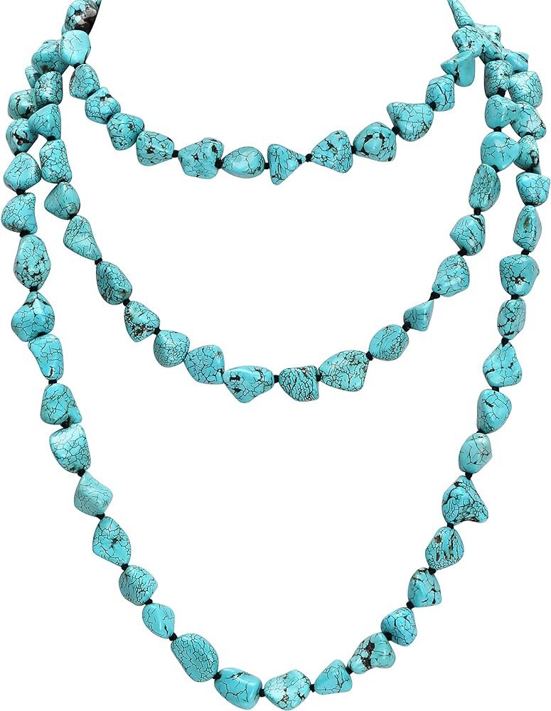 POTESSA Turquoise Beads Endless Necklace Long Knotted Stone Multi-Strand Layer Necklaces Handmade... | Amazon (US)