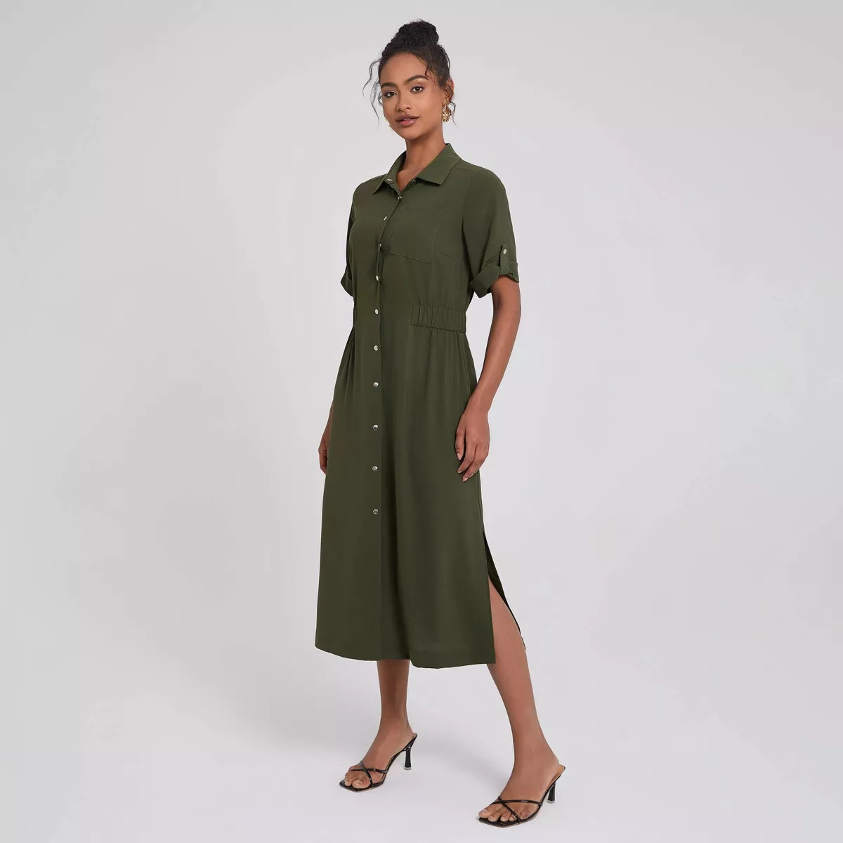 Women's Short Sleeve Front Open Button Closure Side Slit Blouse Dress - A New Day™ Dark Olive G... | Target