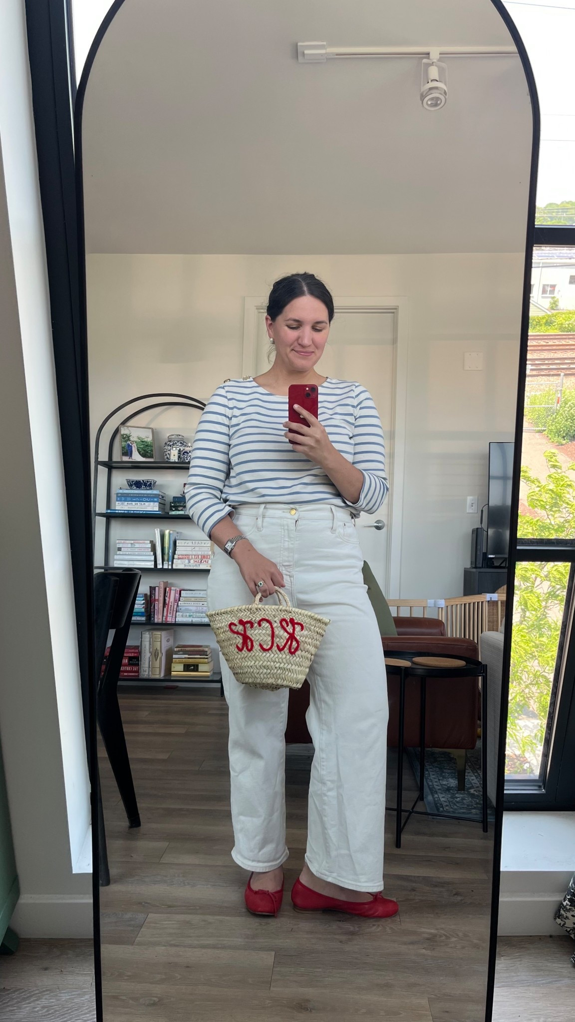 What I wore today as a 33-year old who loves classic style. 

• Light Blue Striped Shirt from Sézane (Size Large)
• Cream Wide Leg Jeans from J. Crew (Size 31)
• Red Margaux Ballet Flats
• Rattan Handbag from Etsy

#LTKSummerEdit #LTKFindsUnder100 #LTKMidsize
