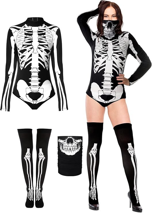 Jiuguva 4 Pcs Women's Skeleton Bodysuit Sexy Halloween Costume Adult Tight Skeleton Swimsuit with... | Amazon (US)