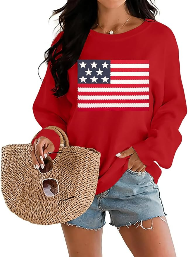 DUTUT American Flag Sweatshirt Women 4th of July Shirts Long Sleeve Crewneck Graphic USA Sweatshi... | Amazon (US)
