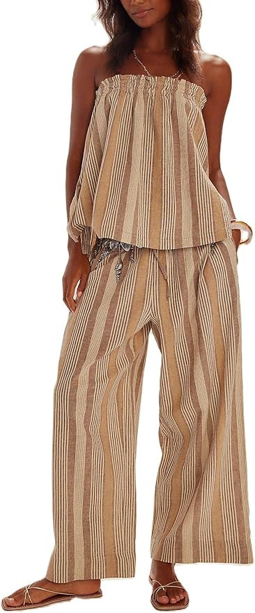 Yiulangde Two Piece Linen Sets for Women Summer Tube Top and Wide Leg Pant Lounge Matching Set 2 ... | Amazon (US)