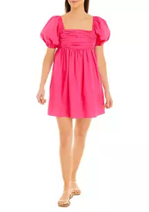 Women's Poplin Ruched Bust Puff Sleeve Mini Dress | Belk