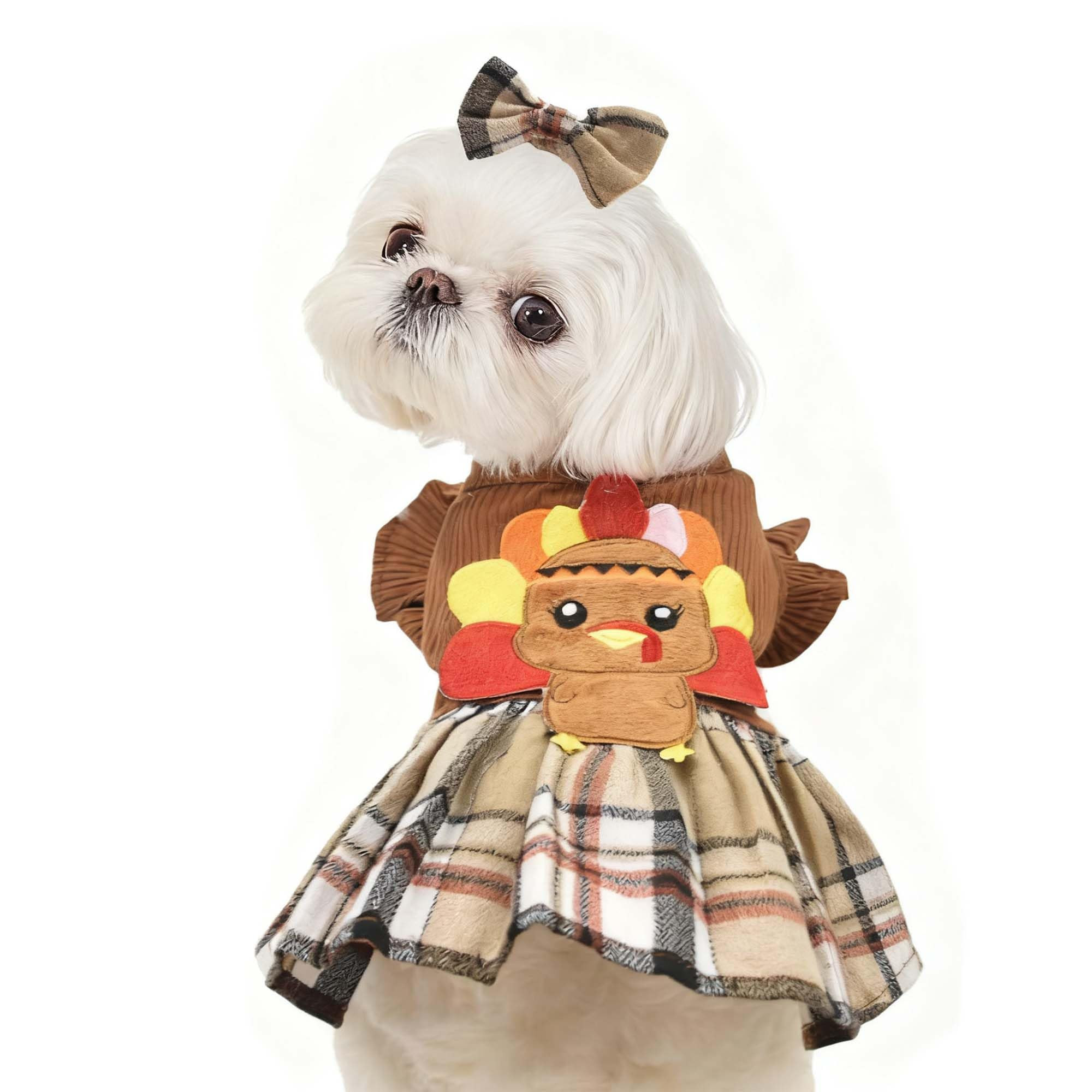Thanksgiving Turkey Dog Dress with Hair Bow,Pet Plaid Holiday Fall Dresses Skirt,Turkey Cat Costu... | Amazon (US)