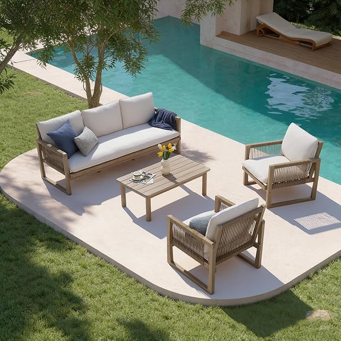 SUNSITT 4-Piece Acacia Wood Patio Furniture Set, Outdoor Conversation Sofa Set with 3-Seat Sofa, ... | Amazon (US)