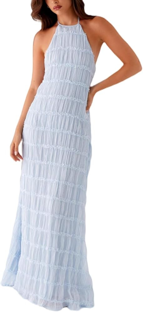 Women Summer Halter Neck Maxi Dress Flowy Ruffle Tiered Sleeveless Sundress Boho Backless Spaghet... | Amazon (US)