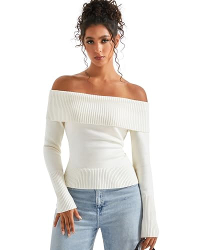 SUUKSESS Women Off Shoulder Sweaters Long Sleeve Ribbed Knit Going Out Fall Tops Blouse | Amazon (US)