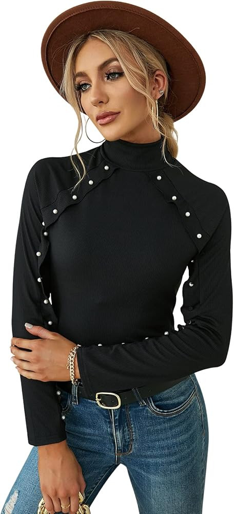 Floerns Women's High Neck Long Sleeve Rib Knit Sweater Tops with Pearls Black M at Amazon Women... | Amazon (US)