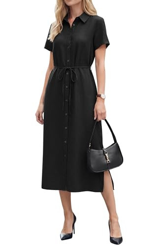 Arach&Cloz Women's Linen Shirt Dress with Pockets Button Down V Neck A Line Short Sleeve Solid Outfit Midi Long Clothes Summer Spring Fashion Business Casual Work Office Funeral Church 2026 Black S | Amazon (US)