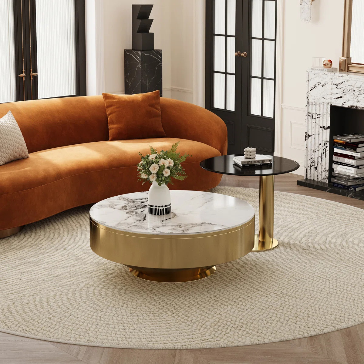 35" Round Metal and Sintered Stone Coffee Table Set with Matching Side Table, Modern Industrial L... | Wayfair North America