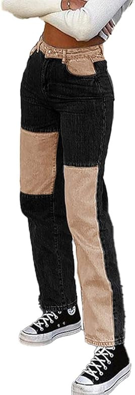 Women Patchwork Jeans High Waisted Straight Leg Stretch Denim Pants Girls Fashion Color Block Patch  | Amazon (US)