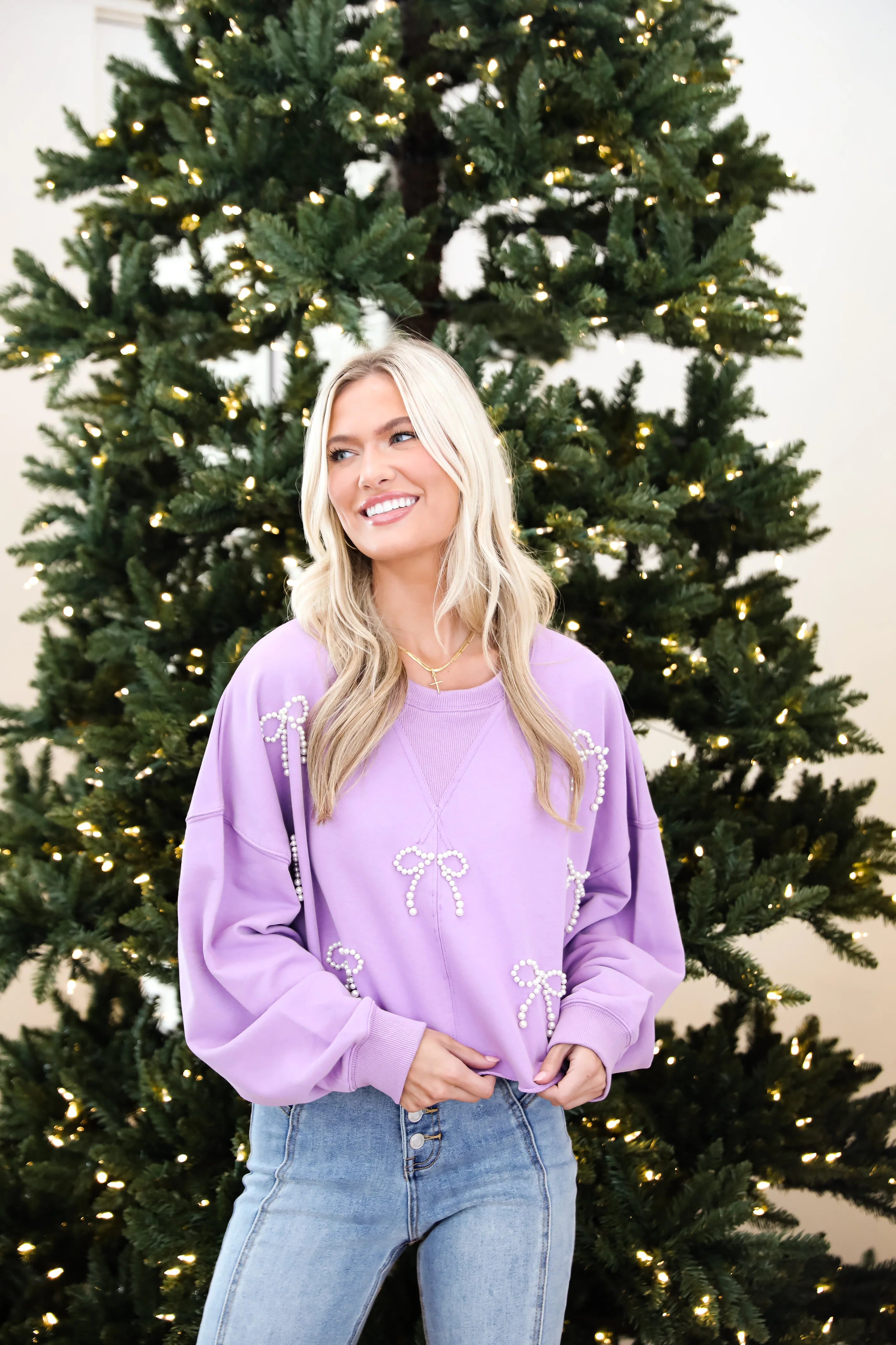 Trendy Pearl Bow Cropped Pullover | Cute Tops | ShopDressUp | Dress Up