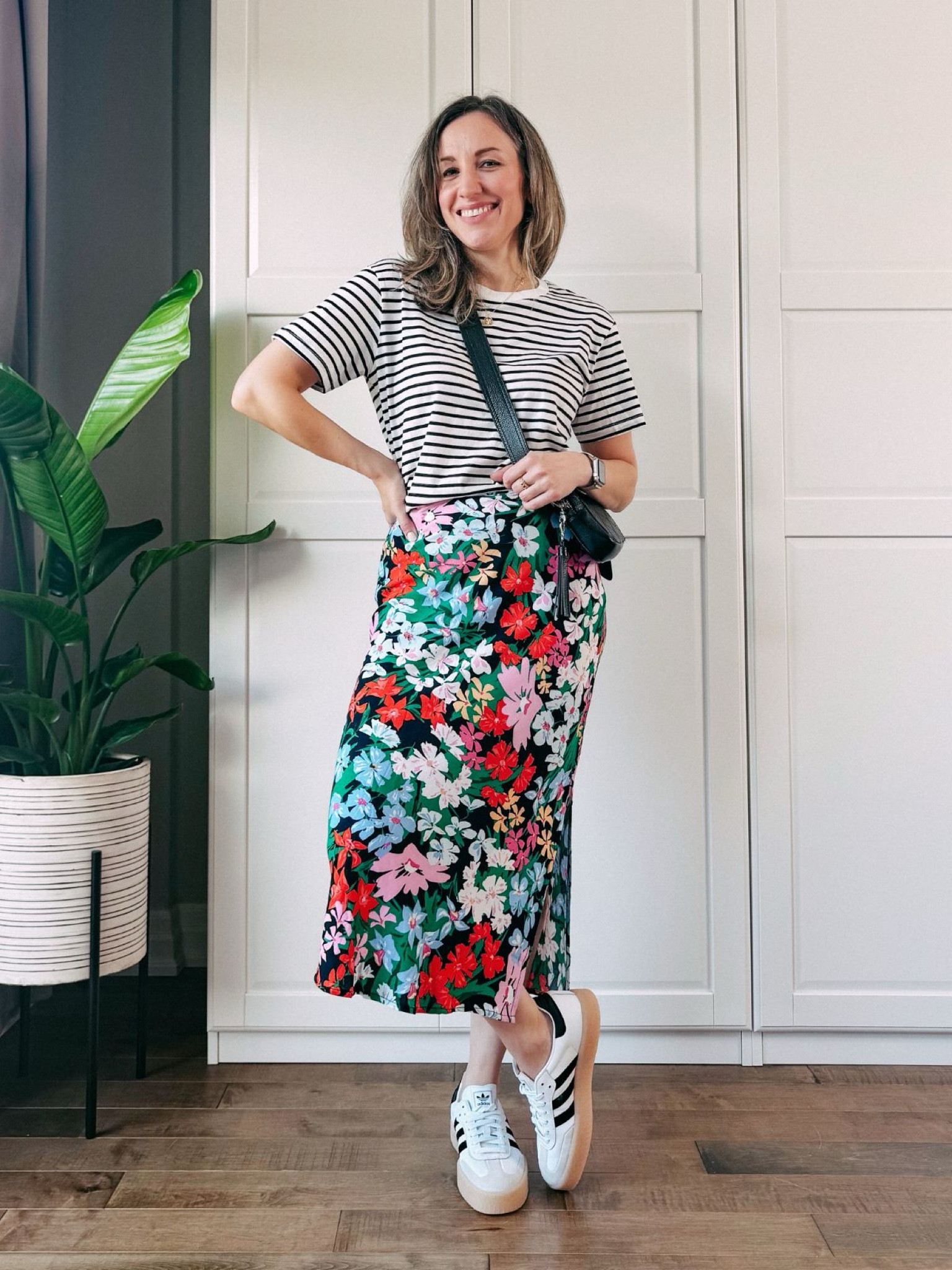 Florals and stripes! Floral skirt, stripe t-shirt, Adidas Sambae, spring outfit, midi skirt outfit, casual skirt outfit  

#LTKFindsUnder50 #LTKOver40 #LTKShoeCrush