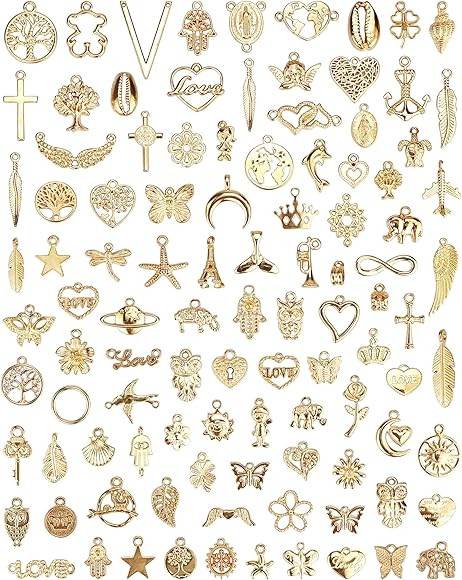 100 Pcs Wholesale Bulk Lots Jewelry Making Charms, Mixed Golden KC Gold Alloy Charms Pendants for... | Amazon (US)