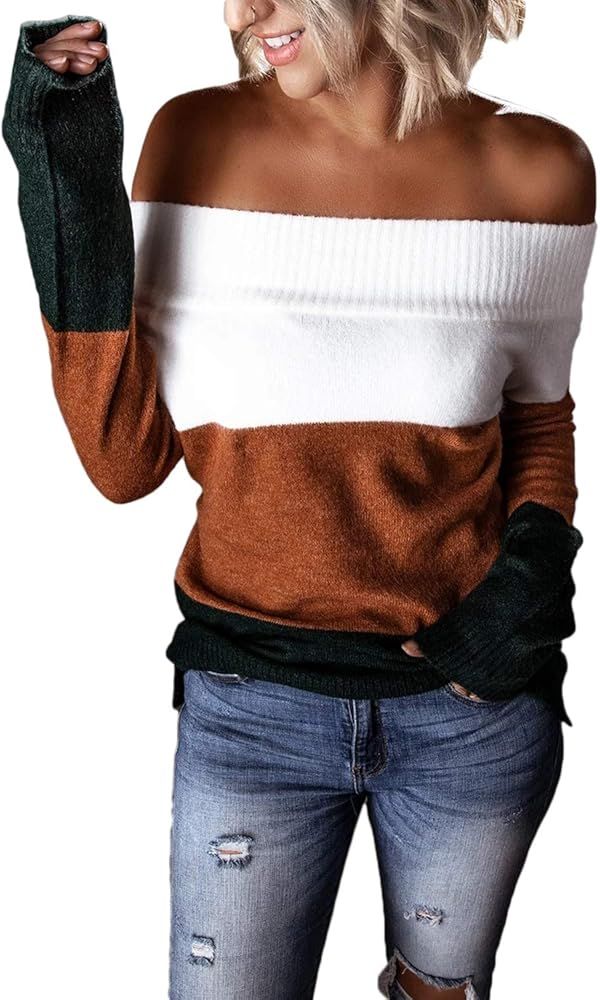 Women Off Shoulder Sweater Long Sleeve Striped Color Block Casual Knit Pullover Top | Amazon (US)