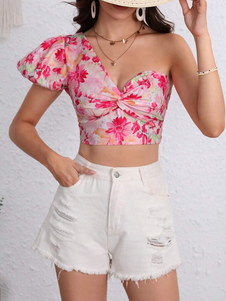 SHEIN VCAY Floral Print One Shoulder Twist Front Crop Top | SHEIN