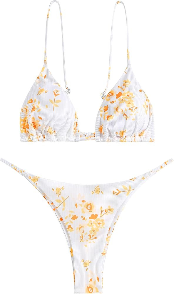 ZAFUL Women's Ditsy Floral Printed Swimsuit Underwired Knotted String Triangle Bikini High Cut Ch... | Amazon (US)