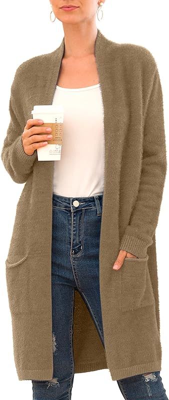 QIXING Women's 2022 Casual Open Front Knit Cardigans Long Sleeve Plush Sweater Coat with Pockets | Amazon (US)